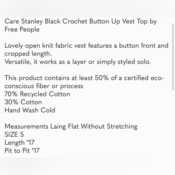 ⭐Free people We The Free Care Stanley Black Crochet Button Up Vest Top Size S - Picture 10 of 10